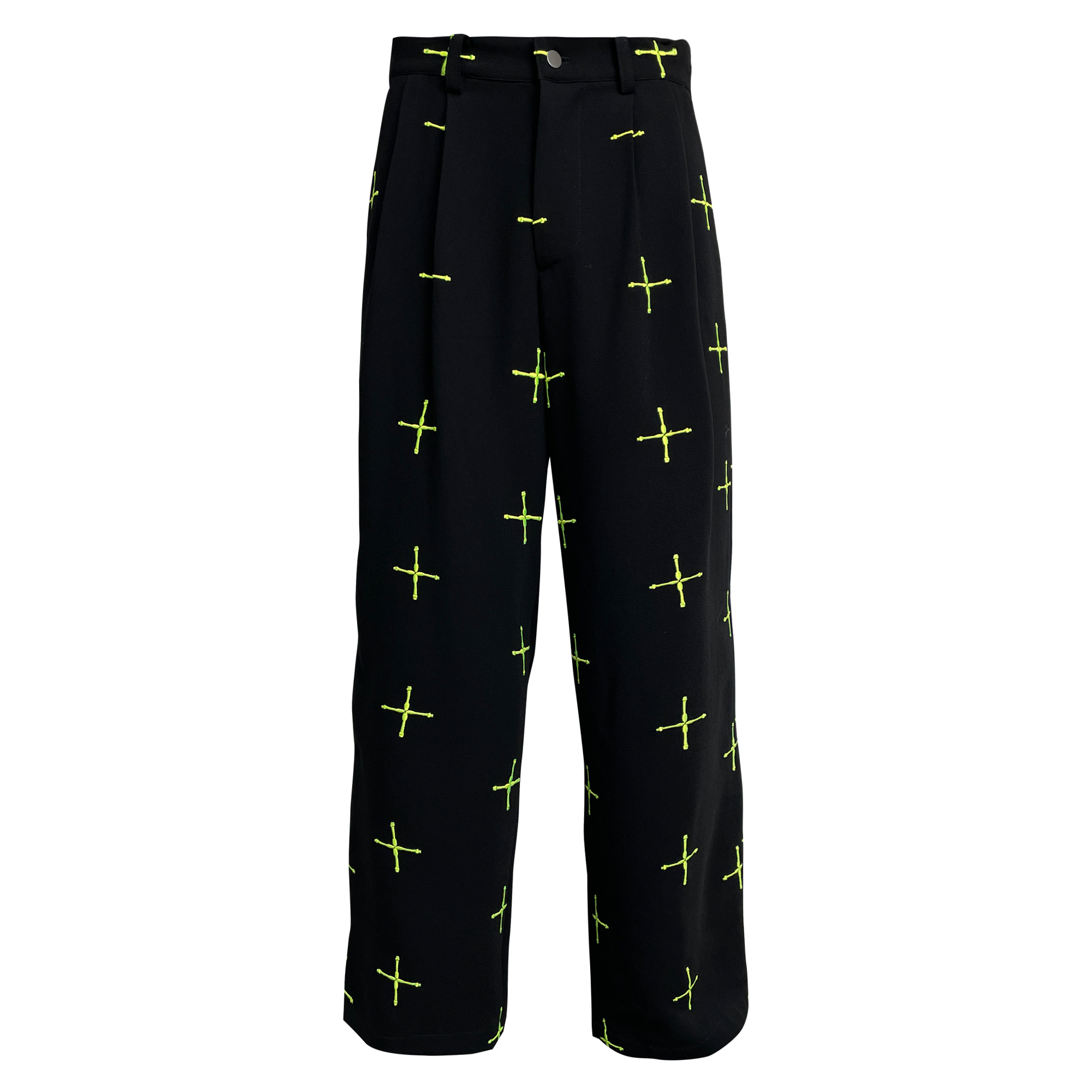 Neon Green Cross Embroidered Wide Leg Pants