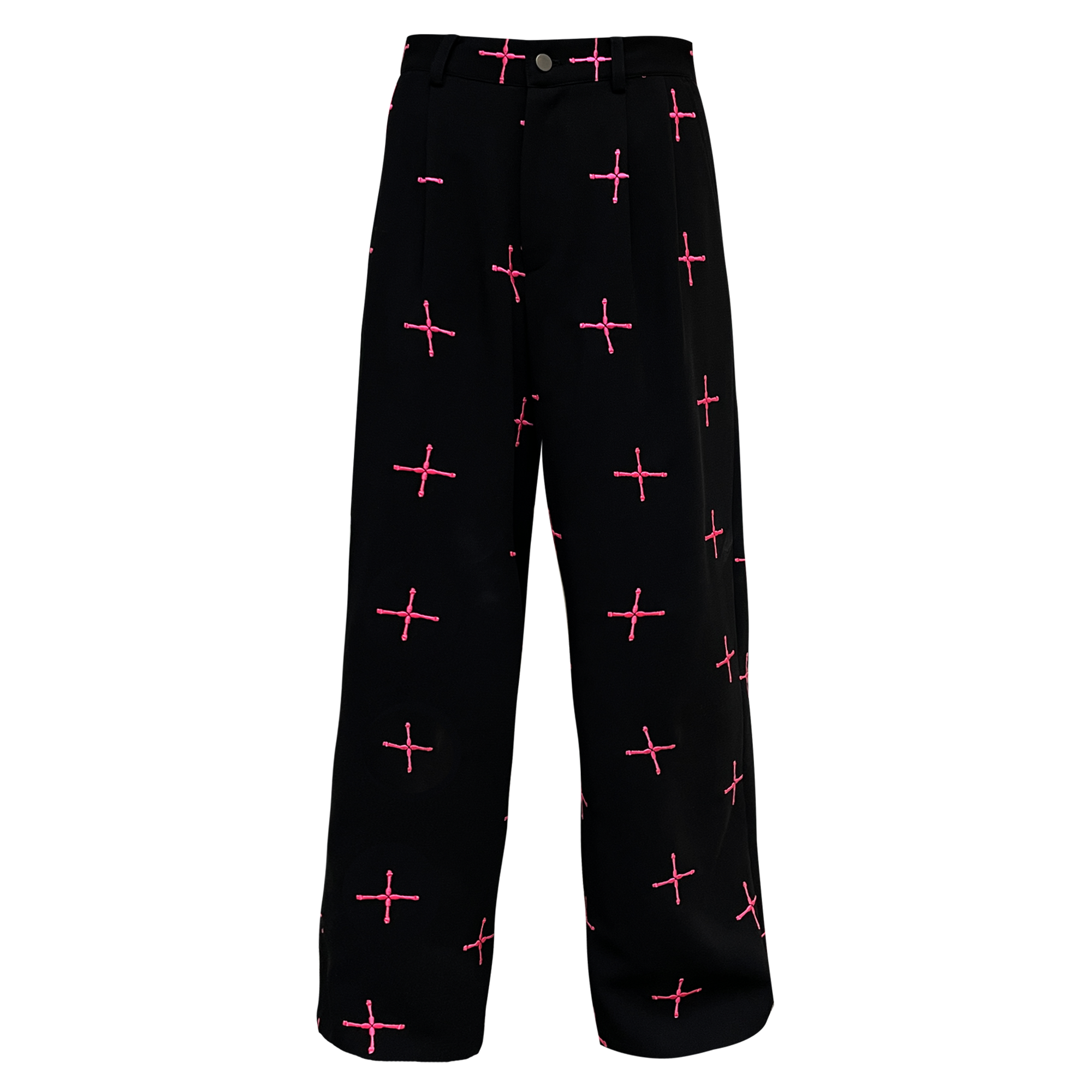 Neon Pink Cross Embroidered Wide Leg Pants